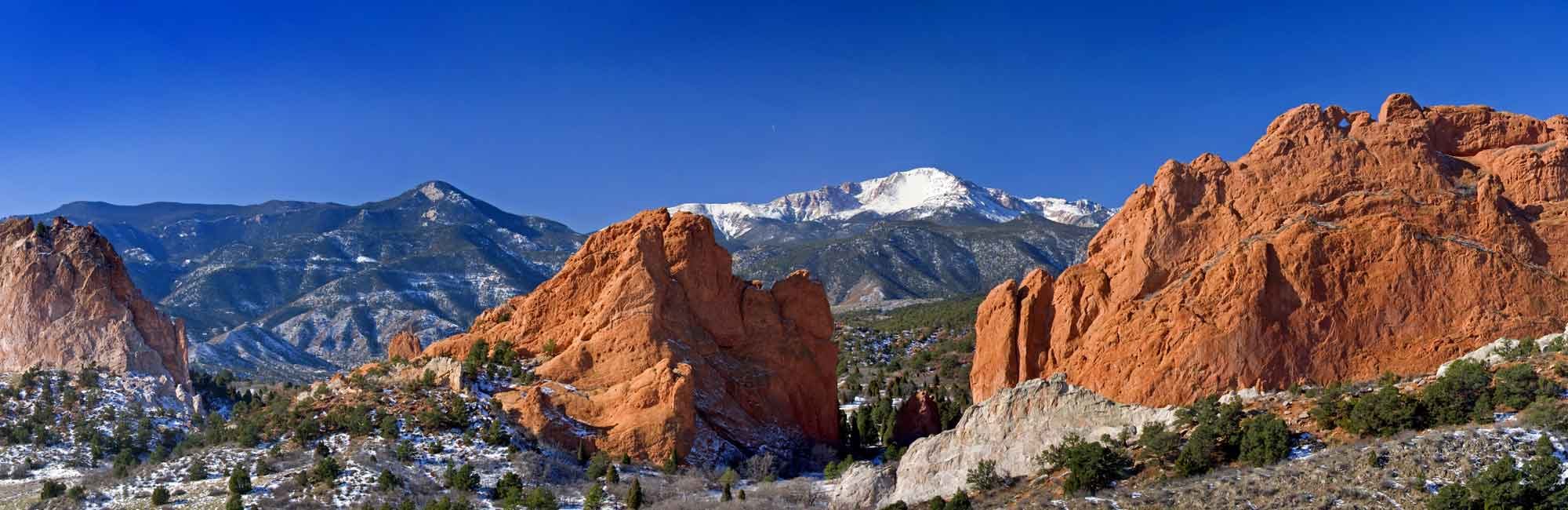 Red rocks of Garden of the Gods with Pikes Peak behind